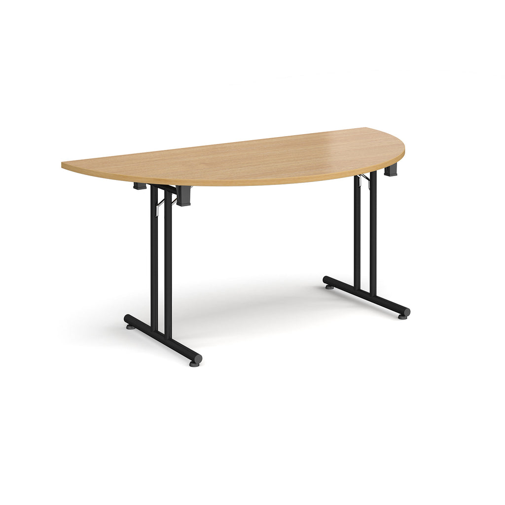 Semi-circular wooden flip-top table with black metal legs, shown against a white background. Ideal for flexible meeting or training room layouts.