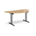 Semi-circular wooden flip-top table with black metal legs, shown against a white background. Ideal for flexible meeting or training room layouts.