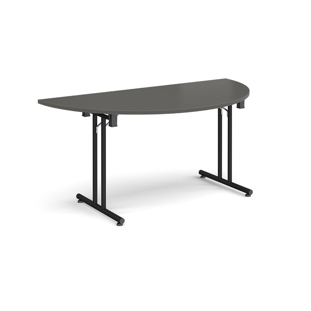 Semi-circular grey flip-top table with black metal legs, shown against a white background. Ideal for flexible meeting or training room layouts.