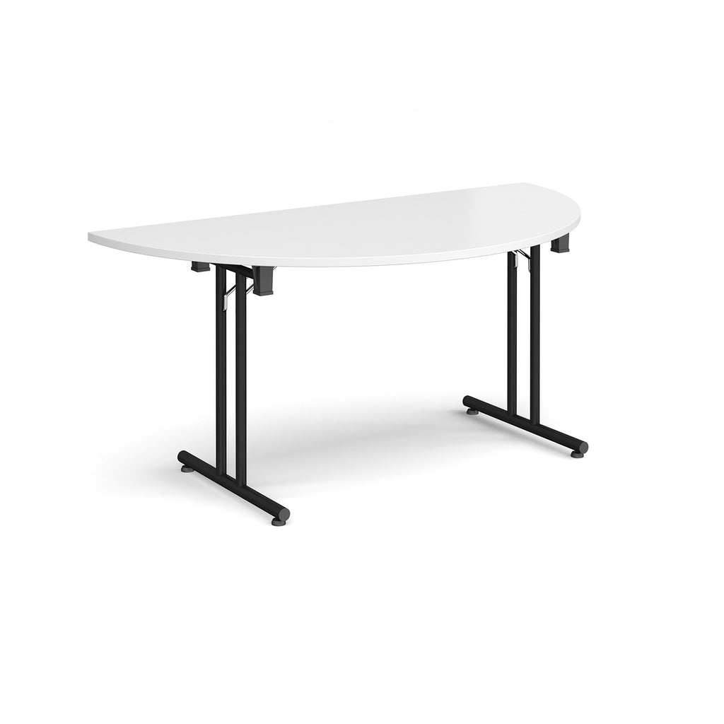 Semi-circular white flip-top table with black metal legs, shown against a white background. Ideal for flexible meeting or training room layouts.