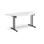 Semi-circular white flip-top table with black metal legs, shown against a white background. Ideal for flexible meeting or training room layouts.