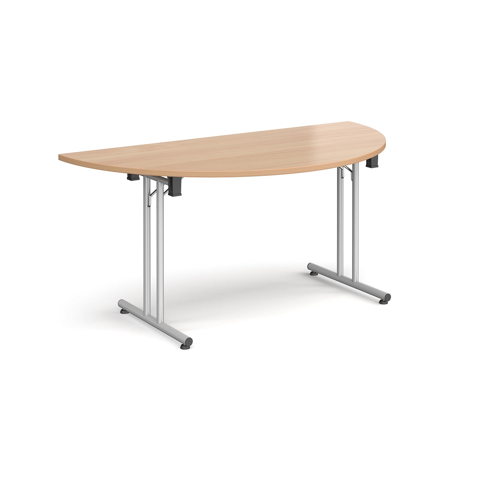 Semi-circular wooden flip-top table with silver metal legs, shown against a white background. Ideal for flexible meeting or training room layouts.