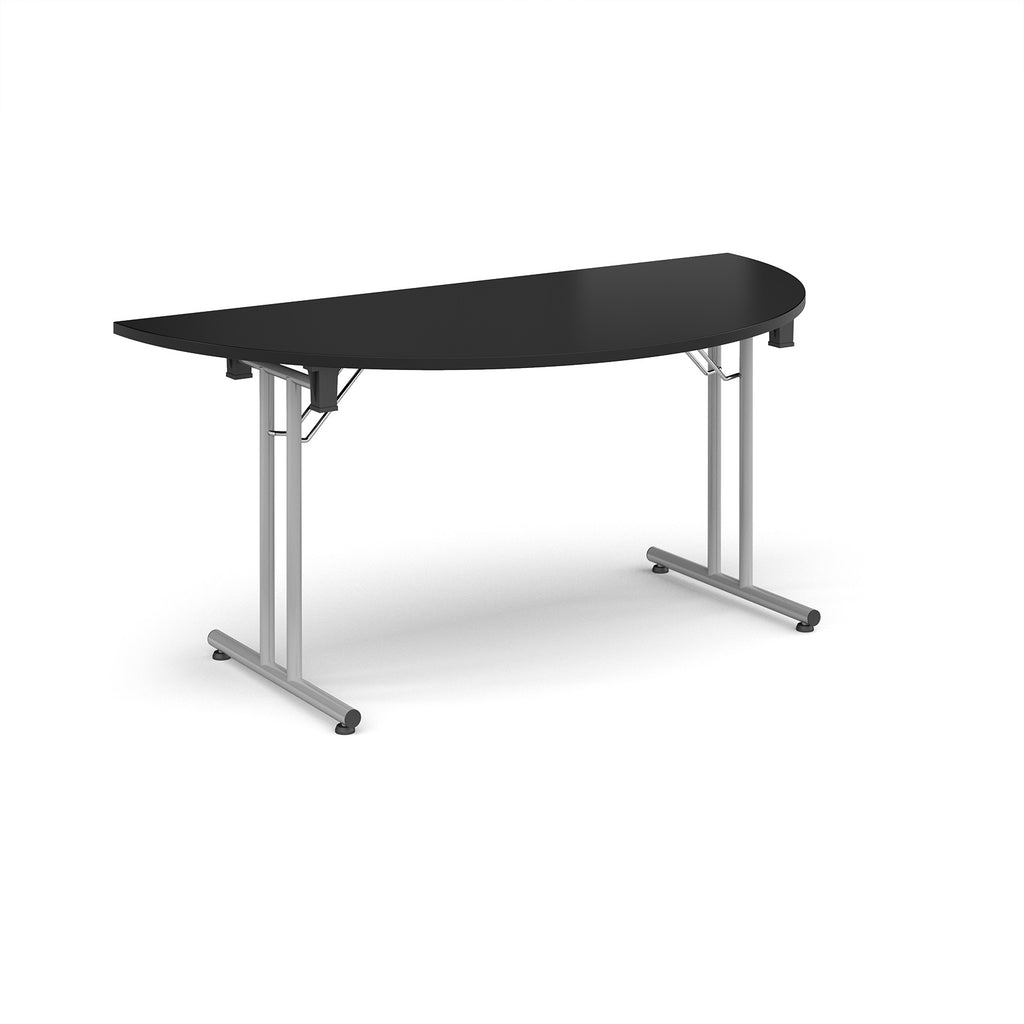 Semi-circular black flip-top table with silver metal legs, shown against a white background. Ideal for flexible meeting or training room layouts.