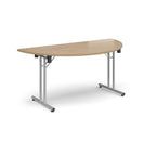 Semi-circular wooden flip-top table with silver metal legs, shown against a white background. Ideal for flexible meeting or training room layouts.