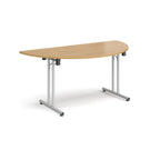Semi-circular wooden flip-top table with silver metal legs, shown against a white background. Ideal for flexible meeting or training room layouts.