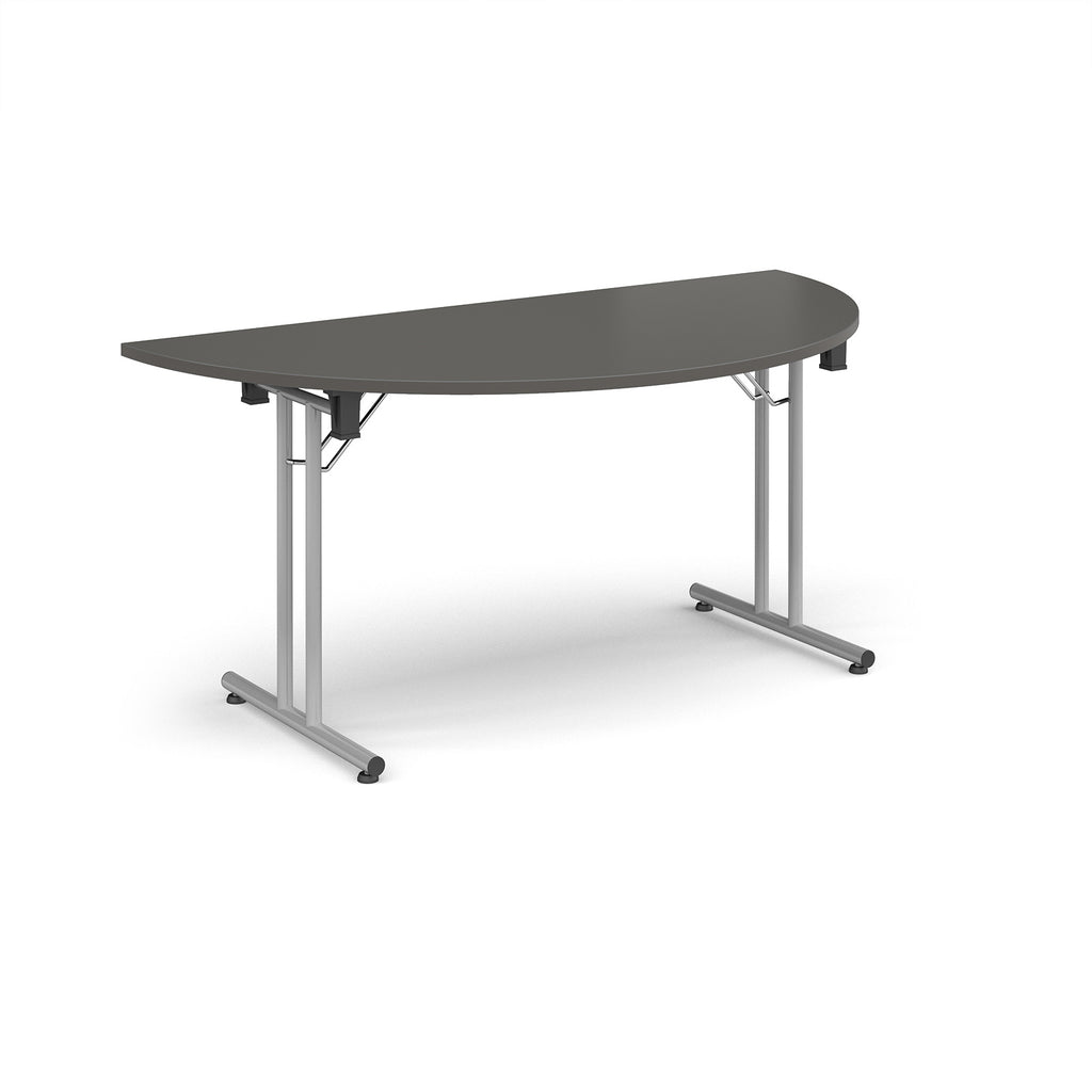 Semi-circular grey flip-top table with silver metal legs, shown against a white background. Ideal for flexible meeting or training room layouts.