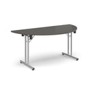 Semi-circular grey flip-top table with silver metal legs, shown against a white background. Ideal for flexible meeting or training room layouts.