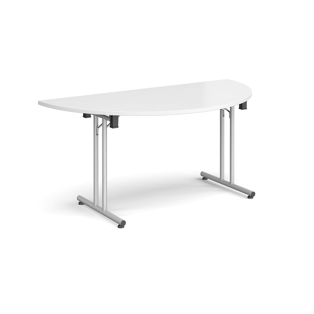 Semi-circular white flip-top table with silver metal legs, shown against a white background. Ideal for flexible meeting or training room layouts.