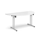 Semi-circular white flip-top table with silver metal legs, shown against a white background. Ideal for flexible meeting or training room layouts.