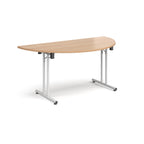 Semi-circular wooden flip-top table with white metal legs, shown against a white background. Ideal for flexible meeting or training room layouts.