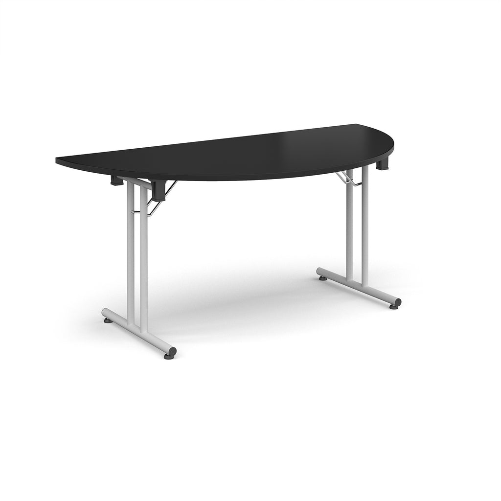 Semi-circular black  flip-top table with white metal legs, shown against a white background. Ideal for flexible meeting or training room layouts.
