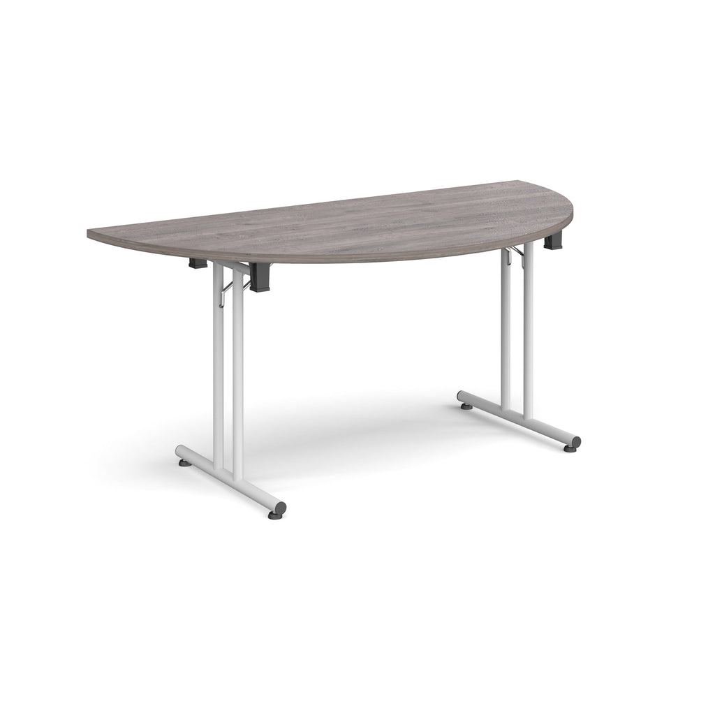 Semi-circular wooden flip-top table with white metal legs, shown against a white background. Ideal for flexible meeting or training room layouts.