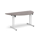 Semi-circular wooden flip-top table with white metal legs, shown against a white background. Ideal for flexible meeting or training room layouts.