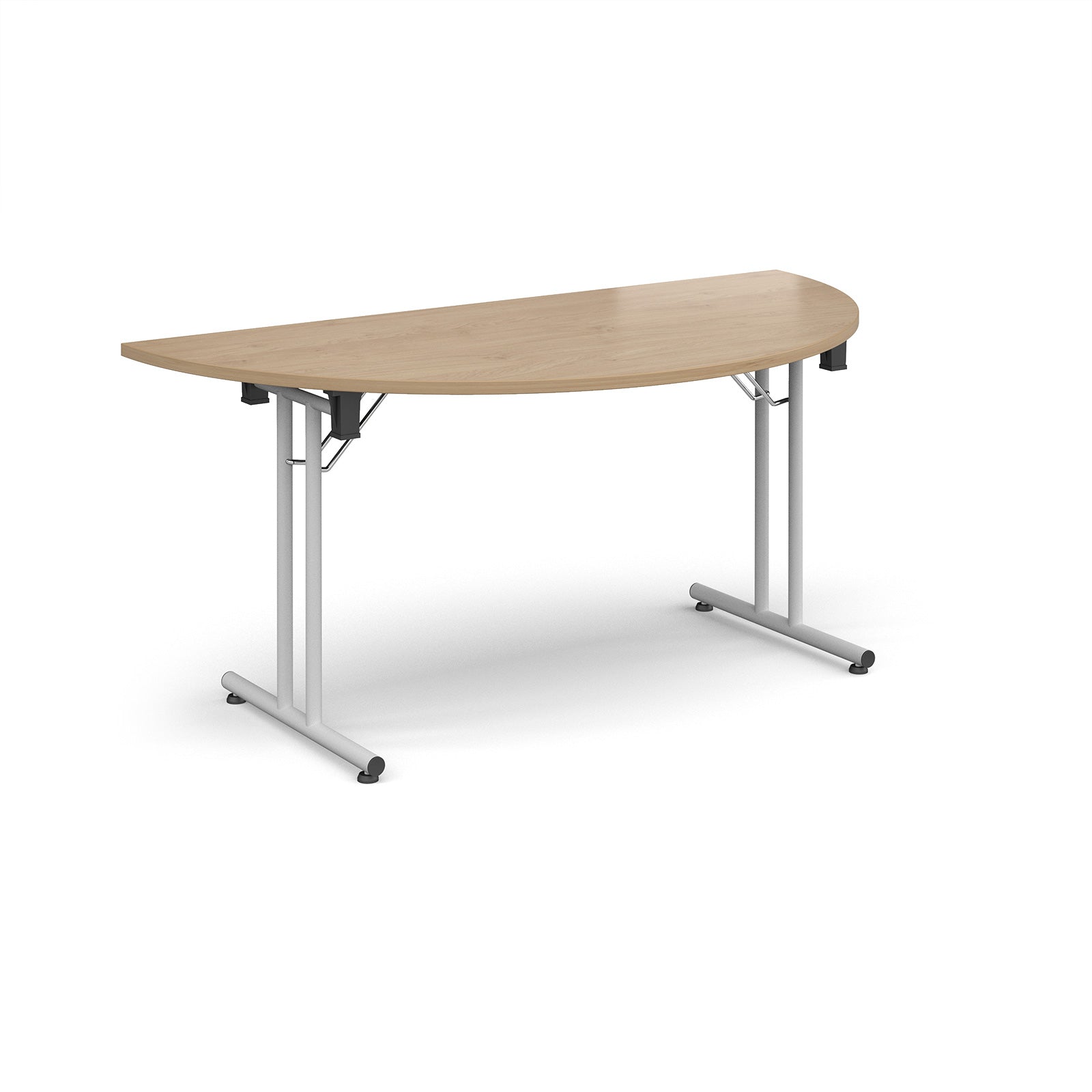 Semi-circular wooden flip-top table with white metal legs, shown against a white background. Ideal for flexible meeting or training room layouts.