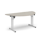 Semi-circular grey flip-top table with white metal legs, shown against a white background. Ideal for flexible meeting or training room layouts.