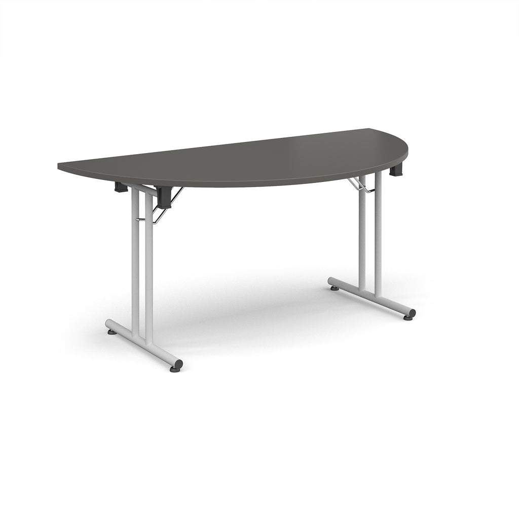 Semi-circular grey flip-top table with white metal legs, shown against a white background. Ideal for flexible meeting or training room layouts.