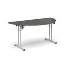 Semi-circular grey flip-top table with white metal legs, shown against a white background. Ideal for flexible meeting or training room layouts.
