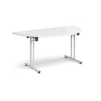 Semi-circular white flip-top table with white metal legs, shown against a white background. Ideal for flexible meeting or training room layouts.