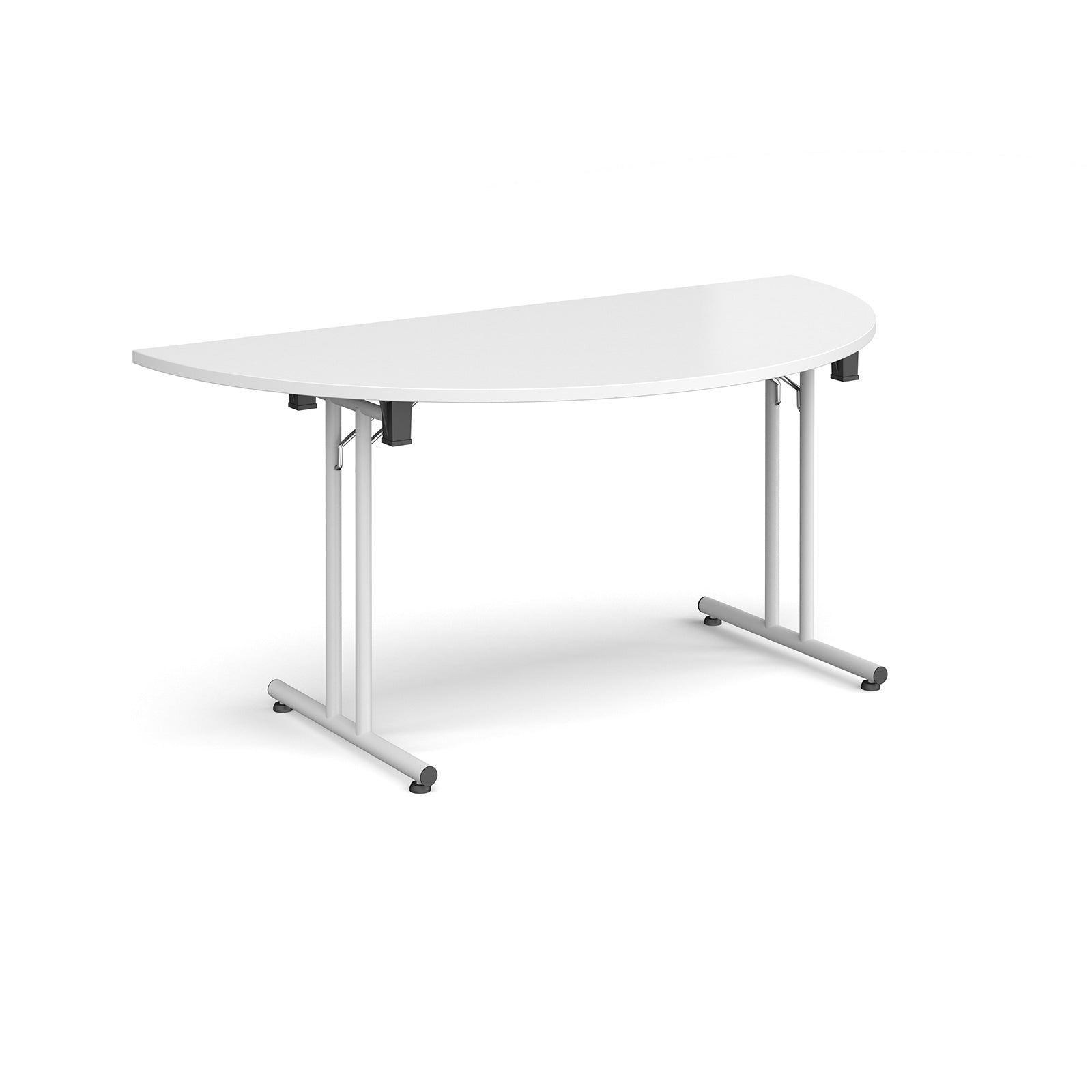 Semi-circular white flip-top table with white metal legs, shown against a white background. Ideal for flexible meeting or training room layouts.