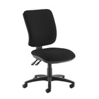 Black fabric office task chair with cushioned seat and backrest, height-adjustable base, and castor wheels on a black frame.