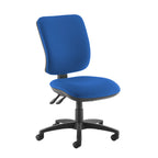 Blue fabric office task chair with cushioned seat and backrest, height-adjustable base, and castor wheels on a black frame.