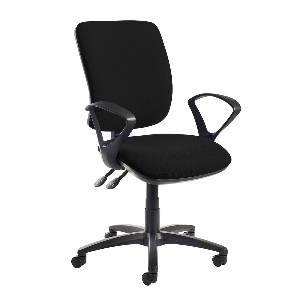 Black fabric ergonomic office chair with adjustable arms, five-star base, and castor wheels, shown against a white background.