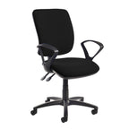 Black fabric ergonomic office chair with adjustable arms, five-star base, and castor wheels, shown against a white background.