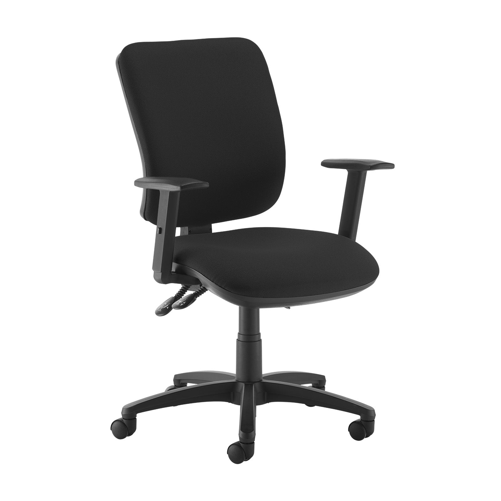 Black fabric ergonomic office chair with adjustable armrests, cushioned seat and back, and five-star base on castor wheels.