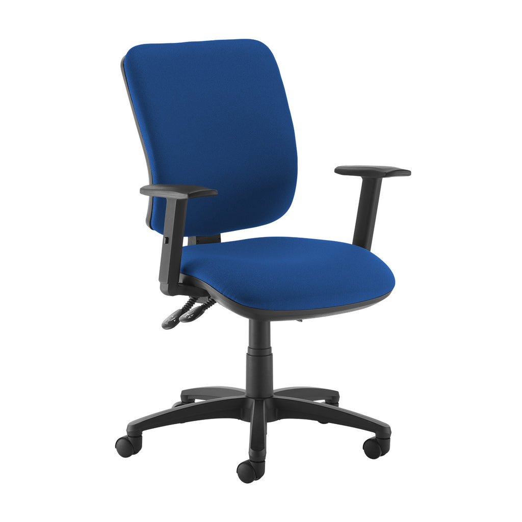 Blue fabric ergonomic office chair with adjustable armrests, cushioned seat and back, and five-star base on castor wheels.