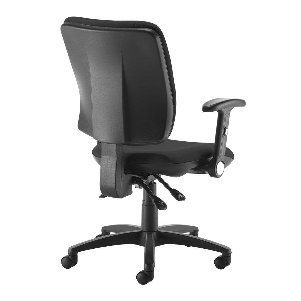 Rear view of a black ergonomic office chair with adjustable armrests, padded seat and back, and five-star base on castor wheels.