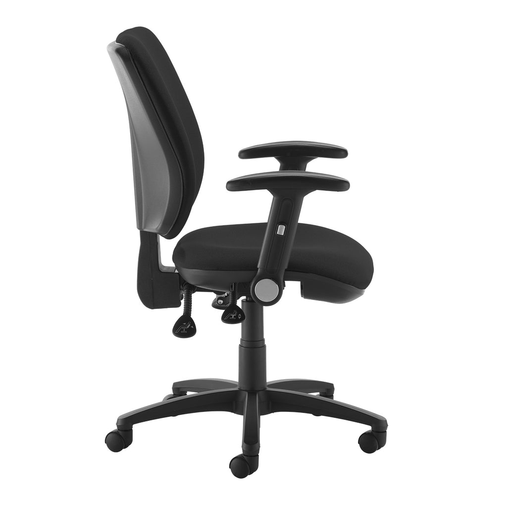Black fabric ergonomic office chair with adjustable armrests, padded seat and back, and five-star base on castor wheels.