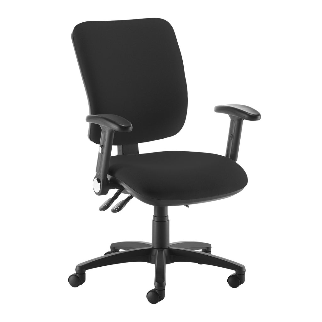 Black fabric ergonomic office chair with adjustable armrests, cushioned seat and back, and five-star base on castor wheels.
