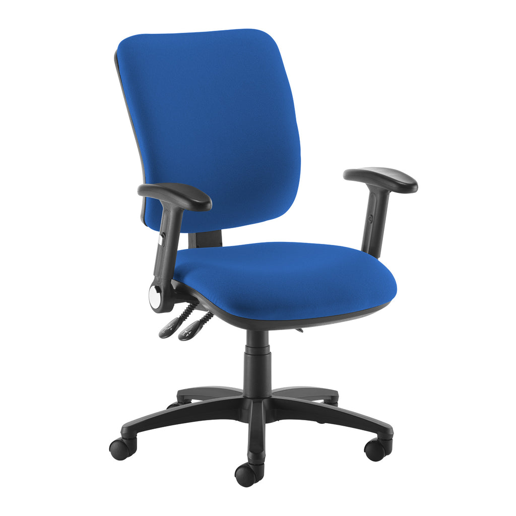 Blue fabric ergonomic office chair with adjustable armrests, cushioned seat and back, and five-star base on castor wheels.