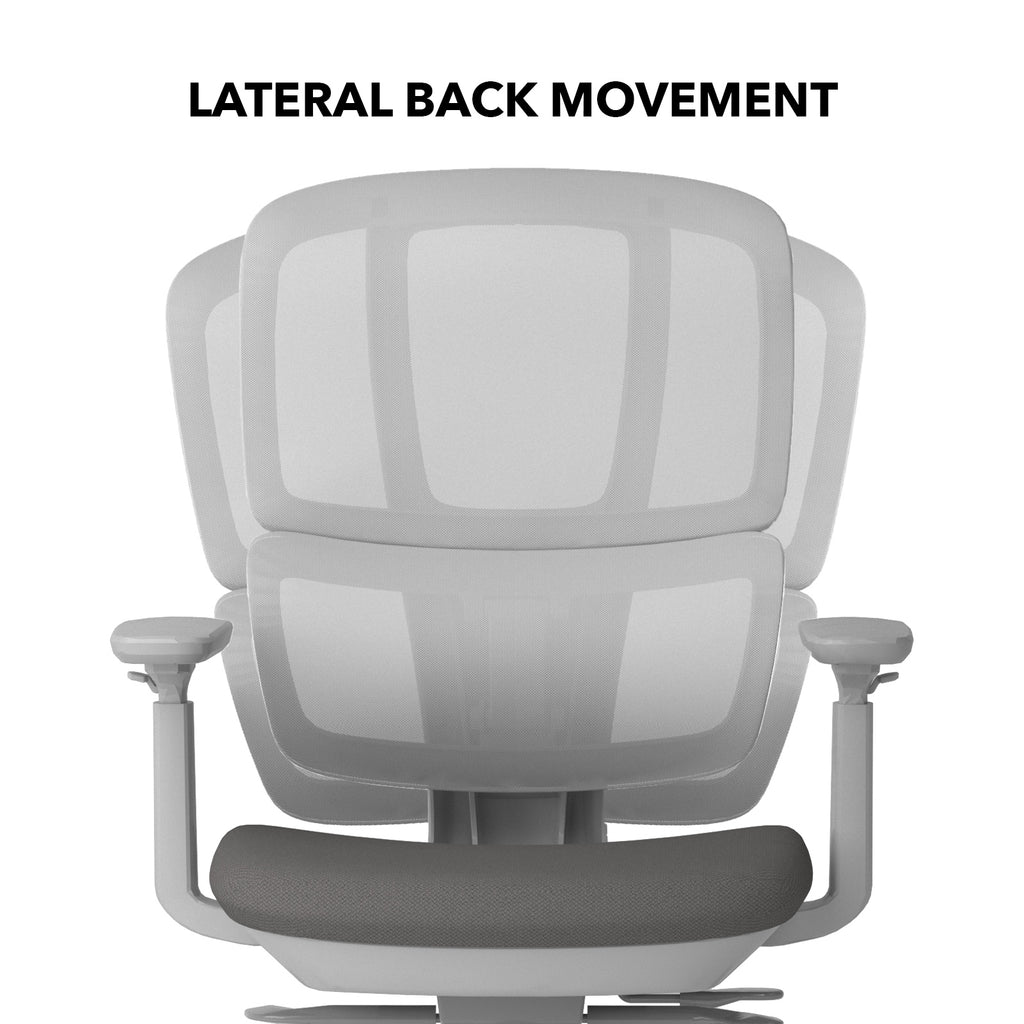 Grey office chair with mesh back and armrests on a white background, labelled 'Lateral Back Movement'.