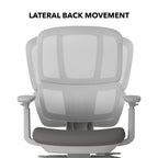 Grey office chair with mesh back and armrests on a white background, labelled 'Lateral Back Movement'.