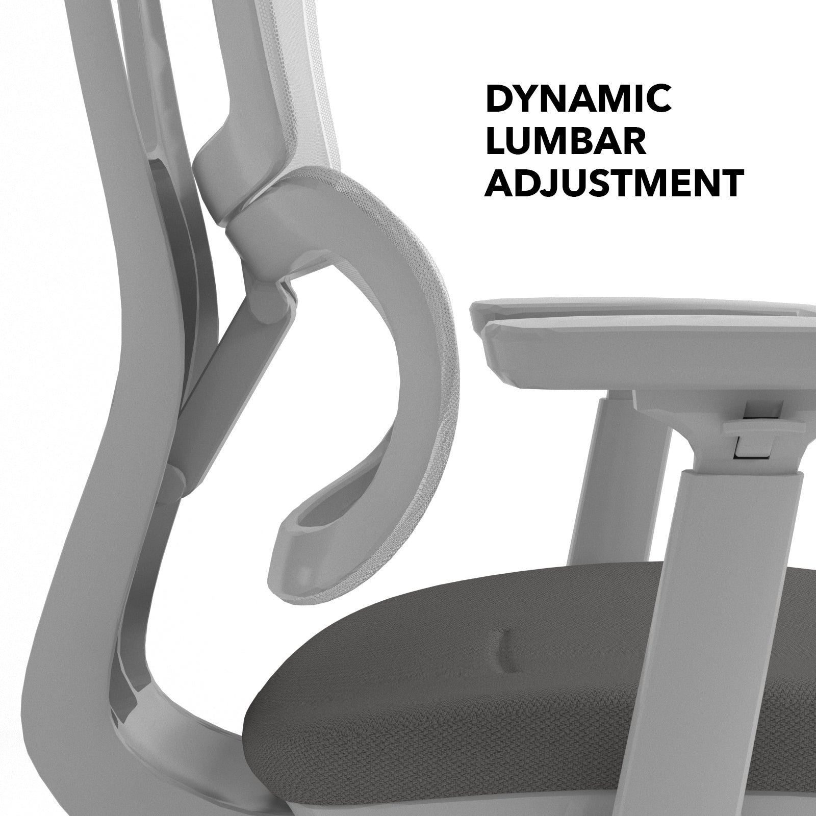 Close-up of an ergonomic office chair highlighting the dynamic lumbar adjustment mechanism and adjustable armrest support.