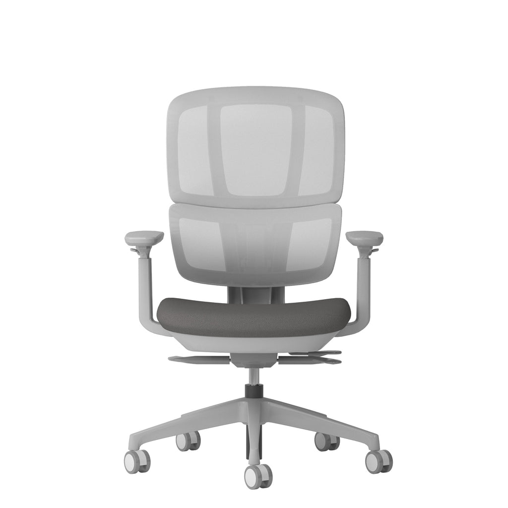 Grey ergonomic office chair with mesh backrest, cushioned seat, adjustable armrests, and five-star base with castor wheels.
