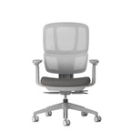 Grey ergonomic office chair with mesh backrest, cushioned seat, adjustable armrests, and five-star base with castor wheels.
