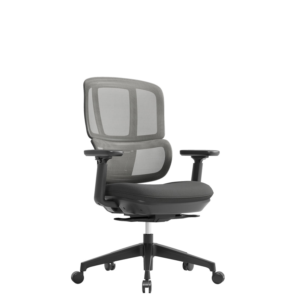 Black ergonomic office chair with mesh backrest, cushioned seat, adjustable armrests, and five-star base with castor wheels.