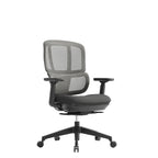 Black ergonomic office chair with mesh backrest, cushioned seat, adjustable armrests, and five-star base with castor wheels.