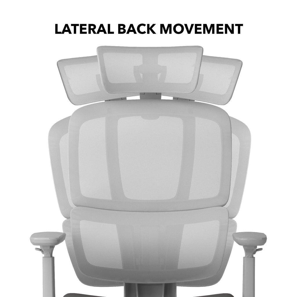 Illustration of an ergonomic office chair showing lateral back movement, demonstrating flexible side-to-side support for natural seated motion.