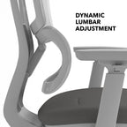 Close-up of an ergonomic office chair highlighting the dynamic lumbar adjustment mechanism and adjustable armrest support.