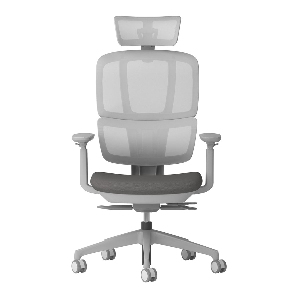 Grey mesh ergonomic office chair with headrest, adjustable armrests, cushioned seat, and five-star base on castor wheels.