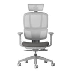 Grey mesh ergonomic office chair with headrest, adjustable armrests, cushioned seat, and five-star base on castor wheels.