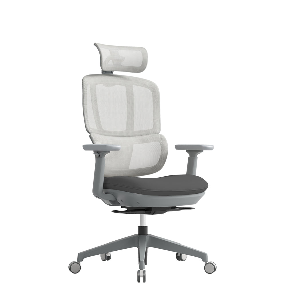 Grey mesh ergonomic office chair with headrest, adjustable armrests, cushioned seat, and five-star base on castor wheels.