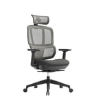 Black mesh ergonomic office chair with headrest, adjustable armrests, cushioned seat, and five-star base on castor wheels.