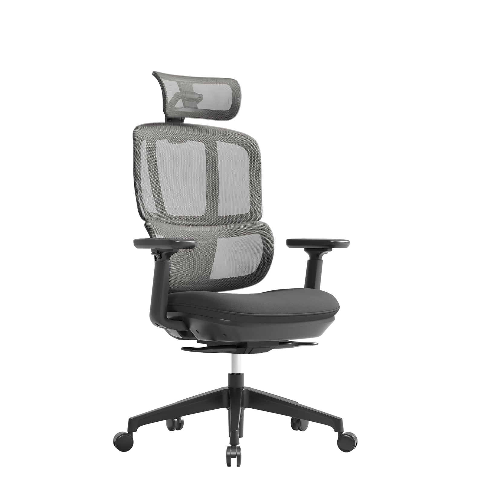 Black mesh ergonomic office chair with headrest, adjustable armrests, cushioned seat, and five-star base on castor wheels.