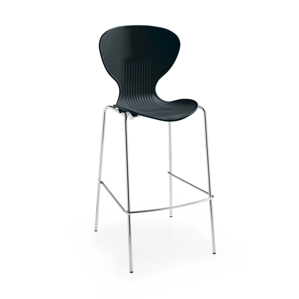 Black bar stool with metal legs on a white background