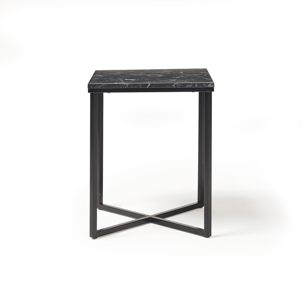 Modern square side table with black metal frame and dark stone-effect top, shown against a white background.