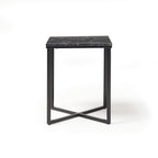 Modern square side table with black metal frame and dark stone-effect top, shown against a white background.